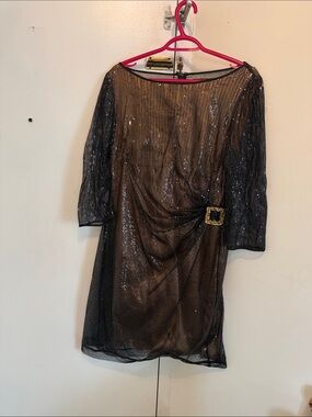 Tahari Black Sequin Long-Sleeve Dress with Buckle Detail